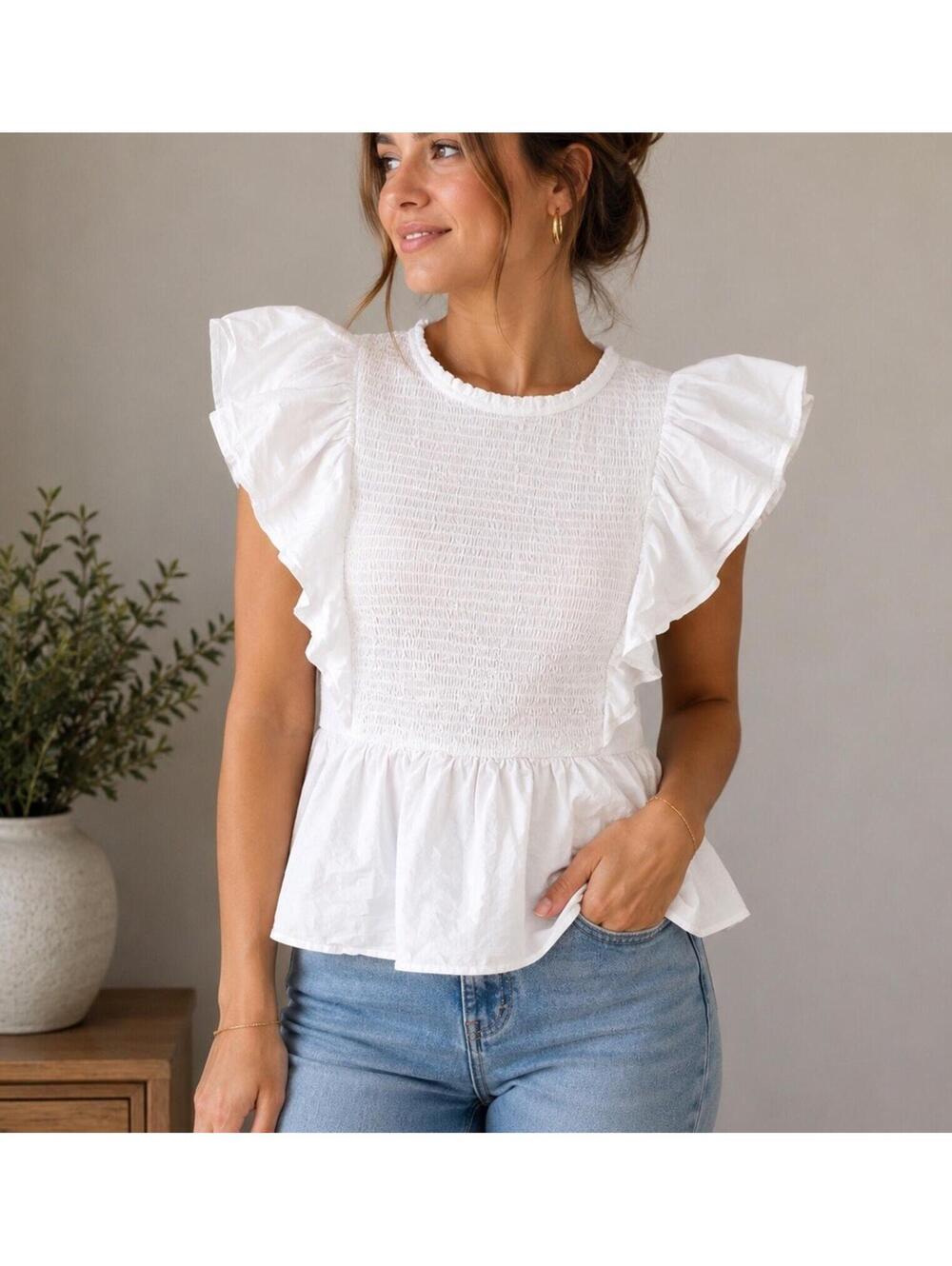 Melissa Nepton White Smocked Peplum Blouse Large Ruffle Sleeve Cottagecore